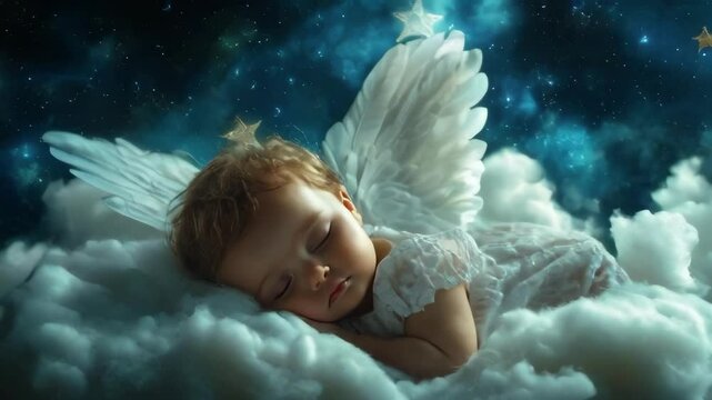A cherubic baby angel sleeps peacefully on a cloud, surrounded by stars. Ideal for dream, fantasy, and spiritual-themed projects.. AI Generation