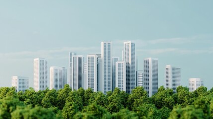 Fototapeta premium A modern skyline rises above lush greenery, showcasing sleek buildings against a clear sky, blending urban life with nature.