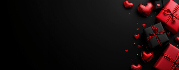 Valentine’s day gift boxes and red hearts on black background. Stylish festive banner, top view