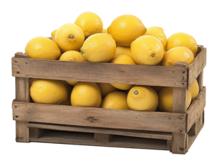 wooden crate filled with fresh yellow lemons, rustic packaging. organic fruit and healthy eating concept