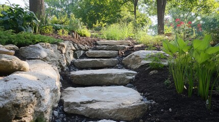 Fototapeta premium Stony steps lead downwards, inviting exploration among nature, with a focus on the descending path that weaves through the natural scenery, perfect for a tranquil outdoor experience.