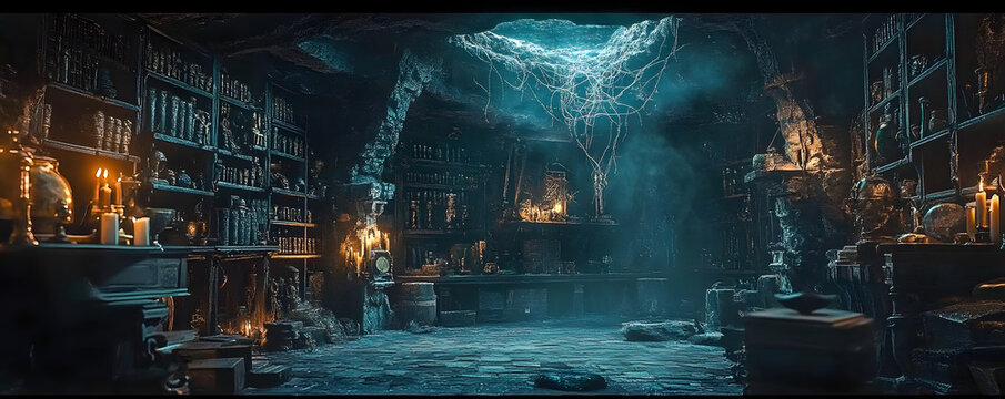 Evil sorcerer s lair filled with mysterious artifacts, dark magic crackling in the air, an aura of pure dread