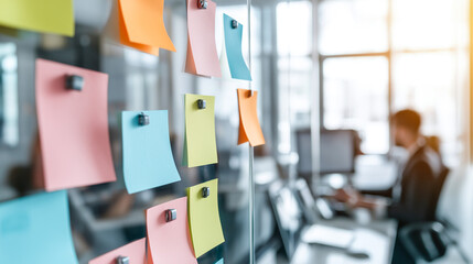 Colorful sticky notes on glass wall in office environment, showcasing creativity and organization. blurred background features person working at desk, enhancing collaborative atmosphere