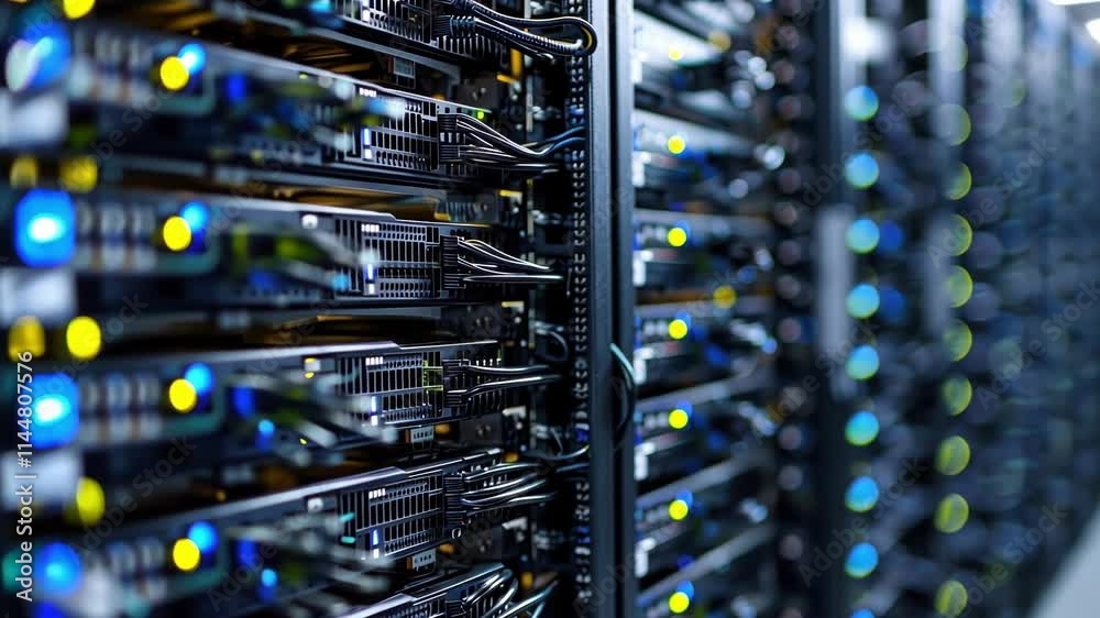 Poster server racks with blinking lights and network cables are creating a complex technological infrastruc