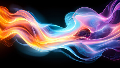 Obraz premium Colorful waves of energy and light swirl gracefully against dark background, creating mesmerizing visual effect. vibrant hues blend seamlessly, evoking sense of motion and fluidity