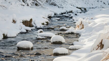 A small stream flowing through a snowy landscape. The banks of the stream are covered with snow, and several snow-covered rocks are visible in the water. The surrounding area is also covered with snow