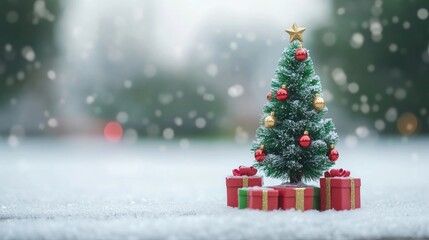 Obraz premium Miniature Christmas tree decorated with gifts set against a blurred snowy landscape. Ideal for a celebration card, this festive scene captures the essence of the holiday spirit.