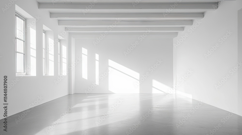 Sticker Minimalistic white room with ample void space and a window, creating a serene atmosphere. Ideal for capturing the essence of minimalism with clear copy space.