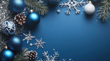 Modern Blue Christmas background with snowflakes, balls. Elegant greeting card, Happy New Year