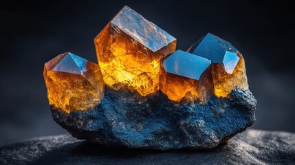 Luminous amber crystals cluster on dark rock.