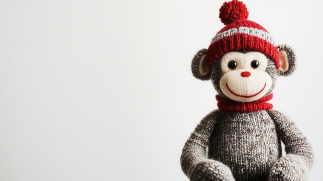 A sock monkey wearing a hat stands out against a white background, offering a playful and charming visual. This sock monkey image provides ample copy space for creative use.
