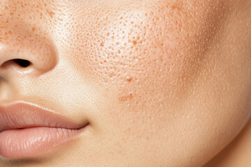 Closeup of freckled skin revealing pores and celebrating natural beauty along with imperfections, perfect for concepts related to skincare and beauty treatments