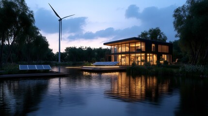 Modern Eco-Friendly Lake House with Wind and Solar Power