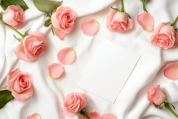 flat lay composition featuring soft pink roses arranged around blank card on white fabric background. delicate petals add romantic touch, perfect for invitations or messages