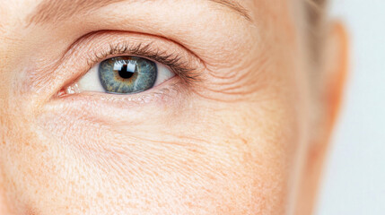 Obraz premium Close-up of a mature woman's eye, highlighting wrinkles and aging skin, emphasizing the natural process of aging and the changes it brings to the skin's appearance