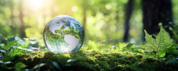 glass globe rests on lush green moss, surrounded by vibrant foliage, symbolizing nature beauty and environmental awareness. sunlight filters through trees, creating serene atmosphere
