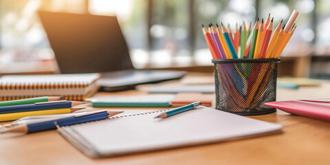 Fototapeta premium A vibrant collection of colored pencils sits in a holder on a wooden desk next to an open notebook, capturing a creative and organized workspace setting.