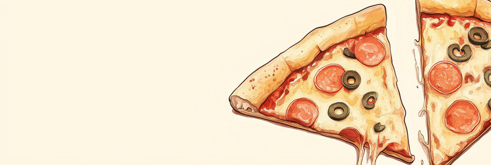 A delicious slice of pizza with melted cheese, pepperoni, and black olives is artfully presented, enticing viewers with its appetizing golden crust and toppings.