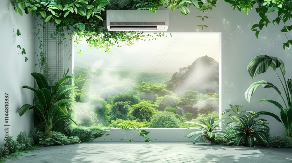 Poster Air conditioner mounted on wall with open window showcasing lush greenery and tranquil mountain view in natural light. Generative AI