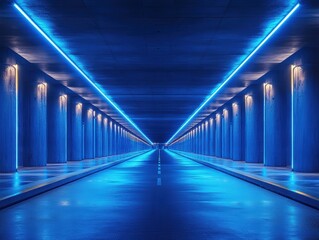 Fototapeta premium Illuminated Industrial Corridor Urban Cityscape Photography Neon Environment Symmetric View Modern Aesthetics