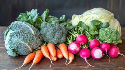 Fresh vegetables including broccoli, cabbage, carrots, and radishes on a rustic wooden table.