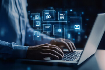 Digital Marketing Strategist: A close-up of a professional's hands typing on a laptop, surrounded by digital marketing icons, emphasizing online strategy and growth.