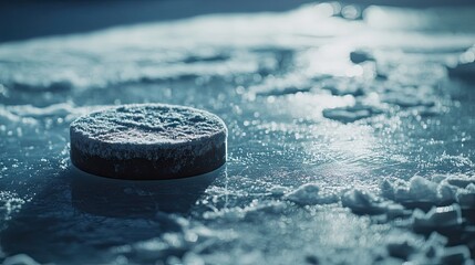 Close-up view of a hockey puck resting on ice. The absence of a goalkeeper in the net allows for an unobstructed focus on the hockey puck. Ideal for adding your own text in the copy space.
