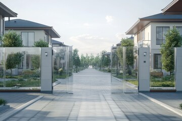 Modern residential community entrance with transparent gates and landscaped pathway in daylight