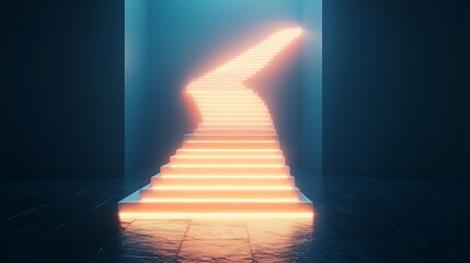 Glowing orange staircase ascending into bright light in a dark room.