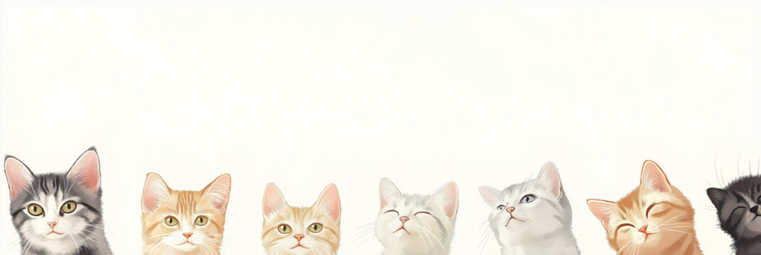 An adorable lineup of variously colored kittens, looking outward with curious expressions, captures the playful and innocent charm of young cats in this image.