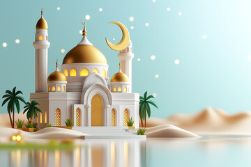stunning illustration of mosque with golden domes, crescent moon, and palm trees, set against serene background. This artwork captures essence of Ramadan celebrations beautifully