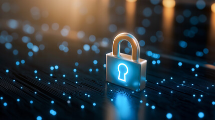digital security concept featuring glowing padlock symbolizing protection and safety. background is filled with blue lights, enhancing theme of cybersecurity and data safety
