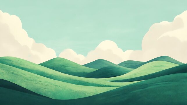 Serene Hillscape: A minimalist illustration of rolling green hills under a blue sky with soft, fluffy clouds evokes tranquility and peace.  