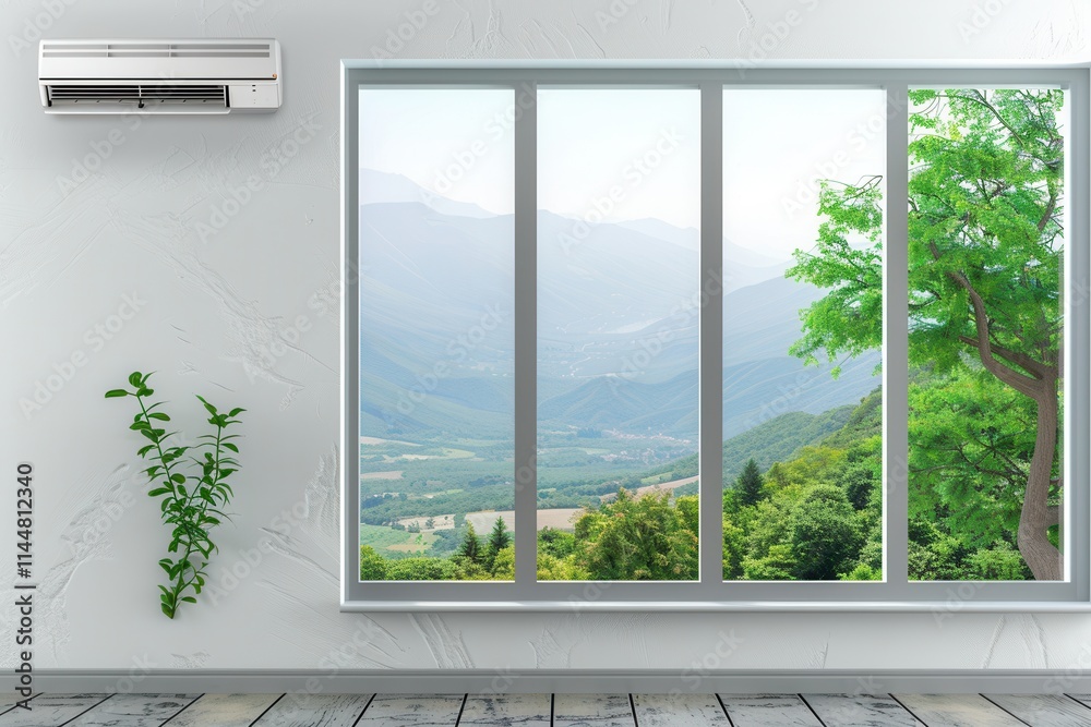 Poster Air conditioner mounted on wall with open window revealing scenic mountain view and refreshing greenery. Generative AI