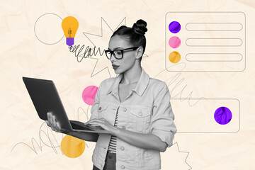 Composite photo collage of serious businesswoman freelancer girl hold laptop light bulb idea...
