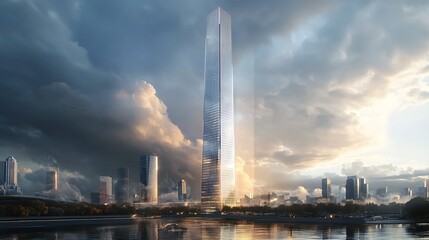 Obraz premium Stunning Sunrise Over the City Skyline Featuring a Modern Skyscraper