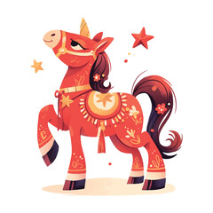 2026 A red horse with a unicorn horn and a star on its head. The horse is standing on a white background