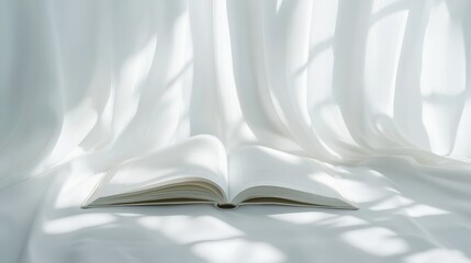 Open Book on Soft White Fabric with Gentle Shadows, Illuminated by Natural Light, Creating a Calm...