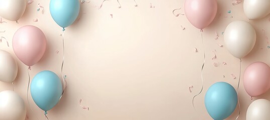 Pastel Celebration Cream Background With Pink And Blue Balloons, Confetti And Copy Space