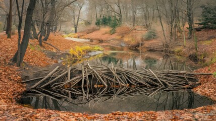 Fototapeta premium A small floodplain in the forest, which was created by the construction of the beaver dam. The dam is made of branches and sticks. The water behind the dam gathered into a small reservoir.