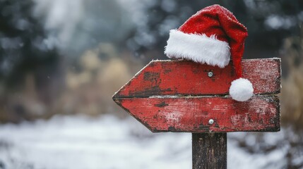 Red Wooden Arrow Signboard with Santa Hat