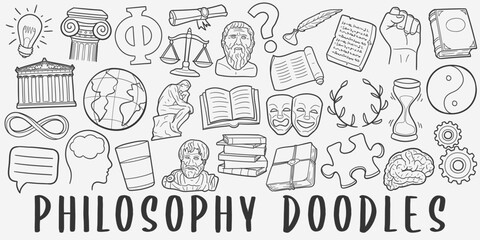 Philosophy Doodle Icons Black and White Line Art. Knowledge Clipart Hand Drawn Symbol Design.