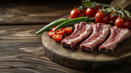 Fresh raw pork ribs arranged on a wooden cutting board alongside cherry tomatoes, green pepper, and chili, presented on a rustic wooden background with ample copy space for text.