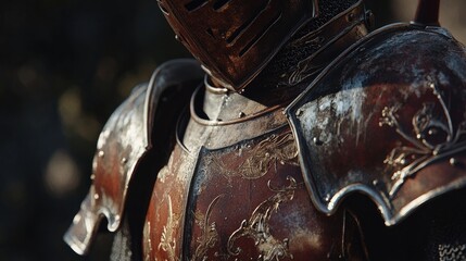 Close-up of medieval knight armor with a focus on championship details, perfect for illustrating the theme of Alchemy. The intricate design of this knight armor reflects historical craftsmanship.