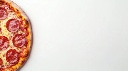 Delicious pizza topped with salami presented on a white background, ideal for advertising and design, offering ample space for creative use with the delicious pizza theme.