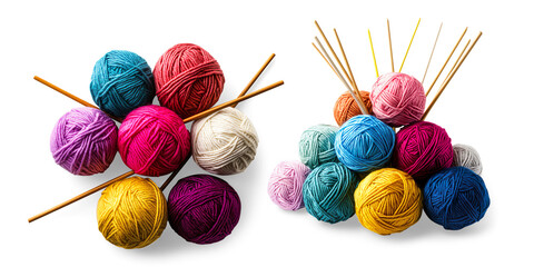 Colorful Yarn Balls with Knitting Needles on a Transparent Background