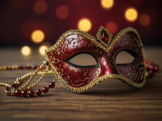 shimmering red and gold masquerade mask with glittering accents 