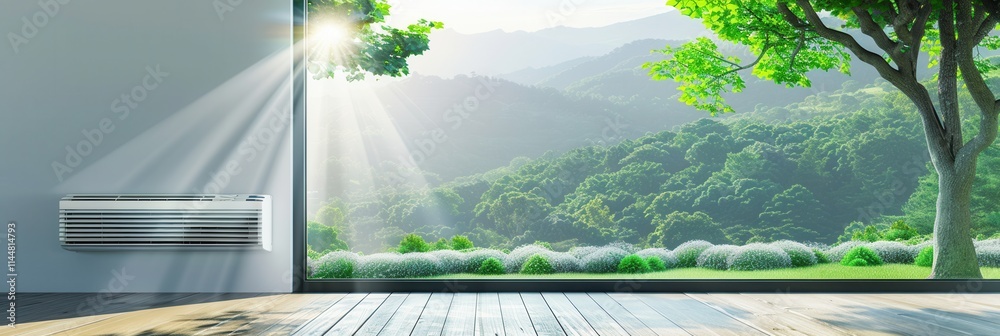Poster air conditioner installed on wall with sunlit view through opened window showcasing mountain scenery
