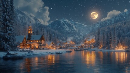 Obraz premium Picture of a magical winter wonderland with a full moon as christmas background