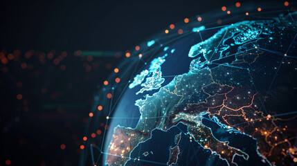 Obraz premium Global Network: Europe Illuminated. A mesmerizing digital rendering of Europe at night, glowing with interconnected nodes, symbolizing global connectivity and technological advancement. 